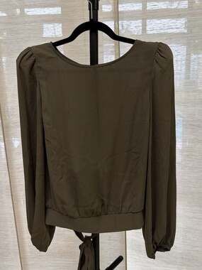 Express Crew Neck Balloon Sleeve Tie Waist Top Olive Green Blouse